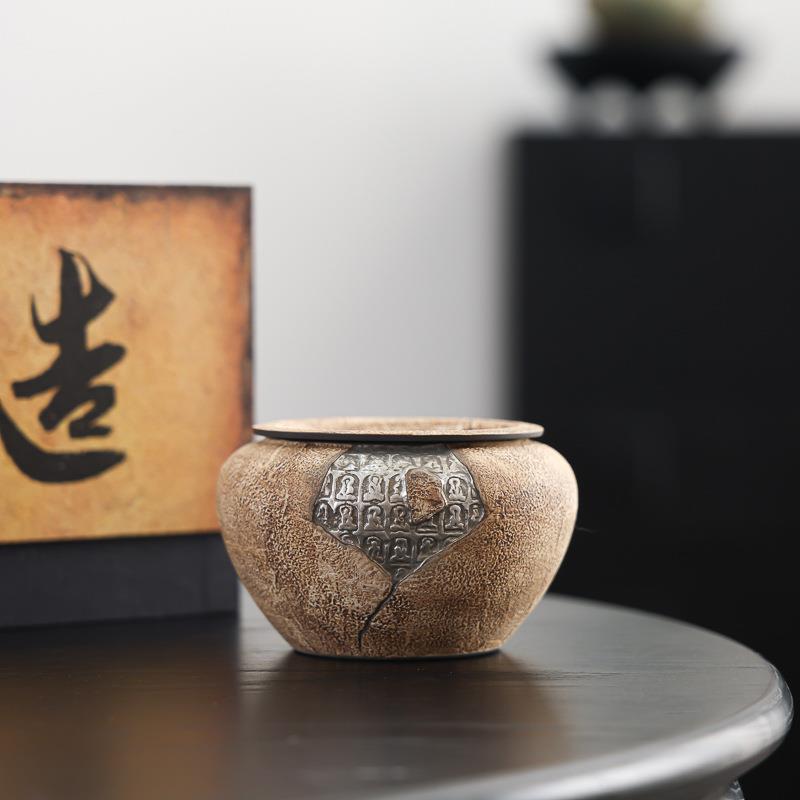 复古老岩泥建水粗陶鎏银大号茶洗陶瓷家用茶渣废水缸水盂茶具配件