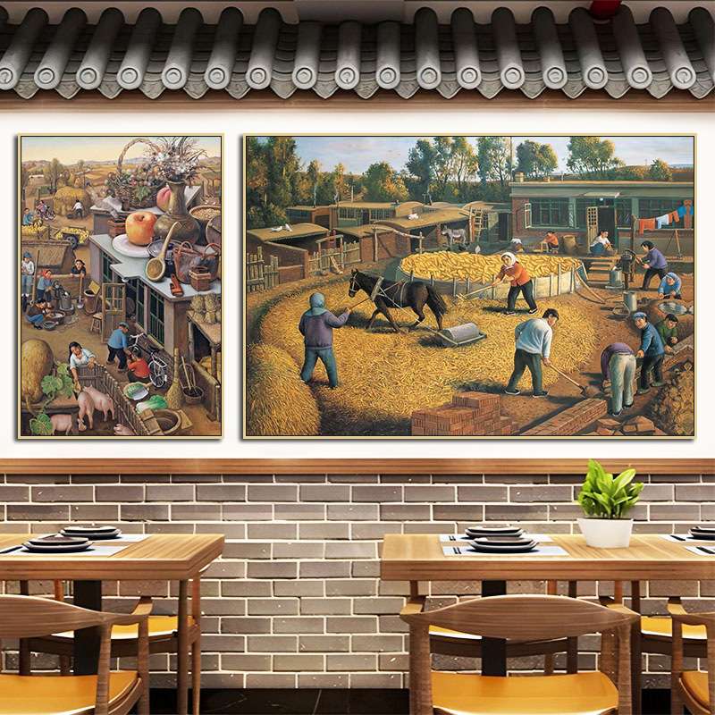 农家乐挂画火锅店农耕文化装饰画东北农村乡村田园风农民丰收壁画