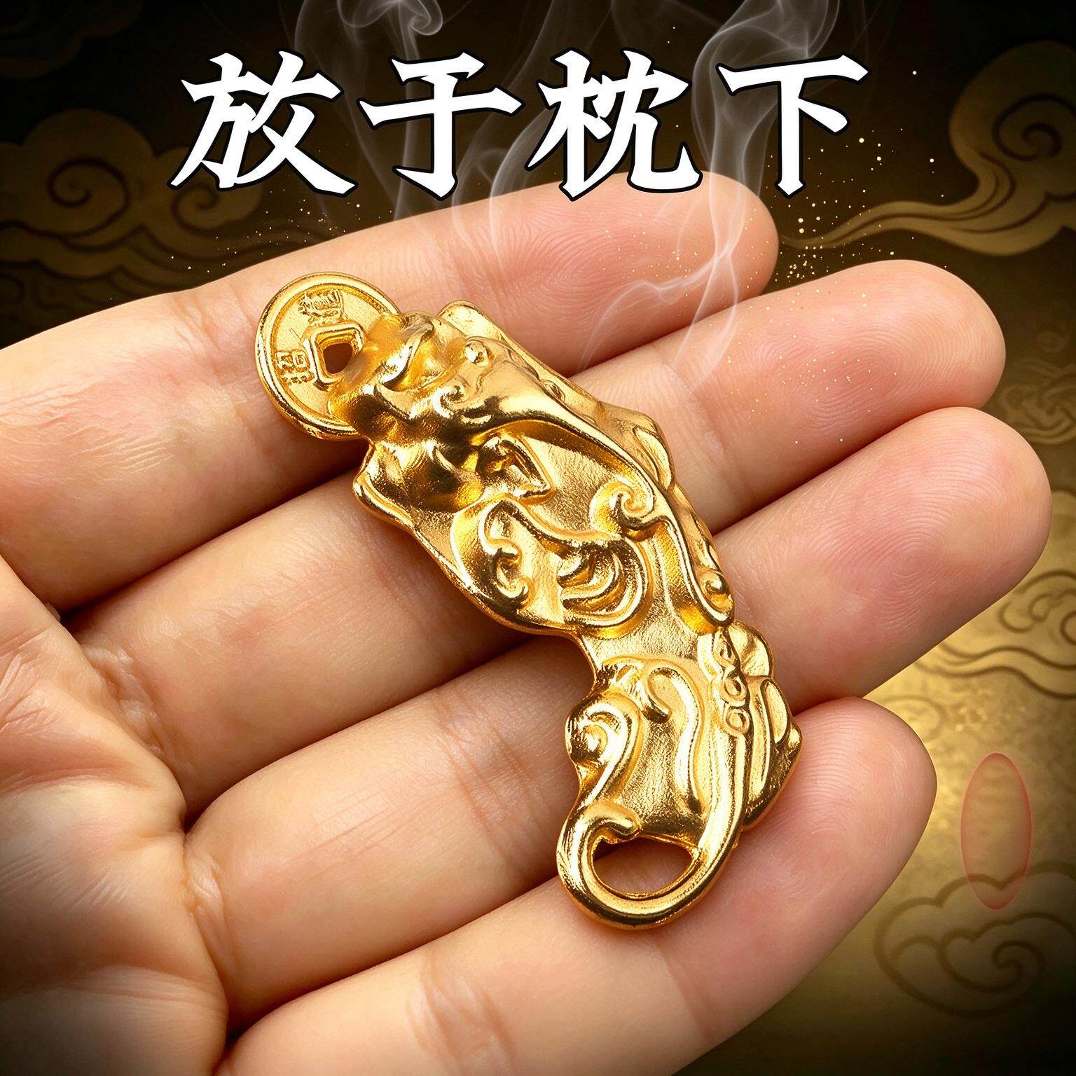 放枕下【财运亨通】弯腰貔貅男女黄铜钥匙扣挂件年年有余送长辈挂