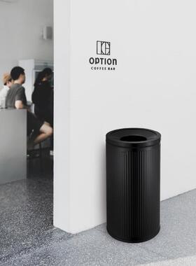 圆形无盖直投黑色竖纹创意奶茶店垃圾桶50L不锈钢洗手间擦手纸桶