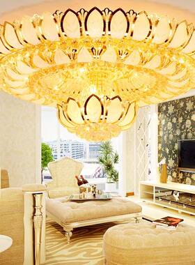厂家直销黄色水晶灯圆形客厅吸顶水晶灯酒店大厅灯具LED水晶灯饰