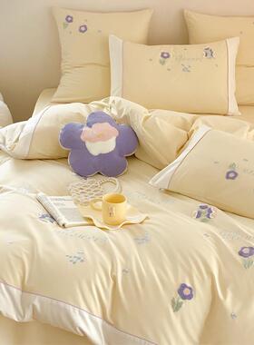 秋冬加厚全棉磨毛四件套少女心紫色小花毛巾绣保暖被套床单