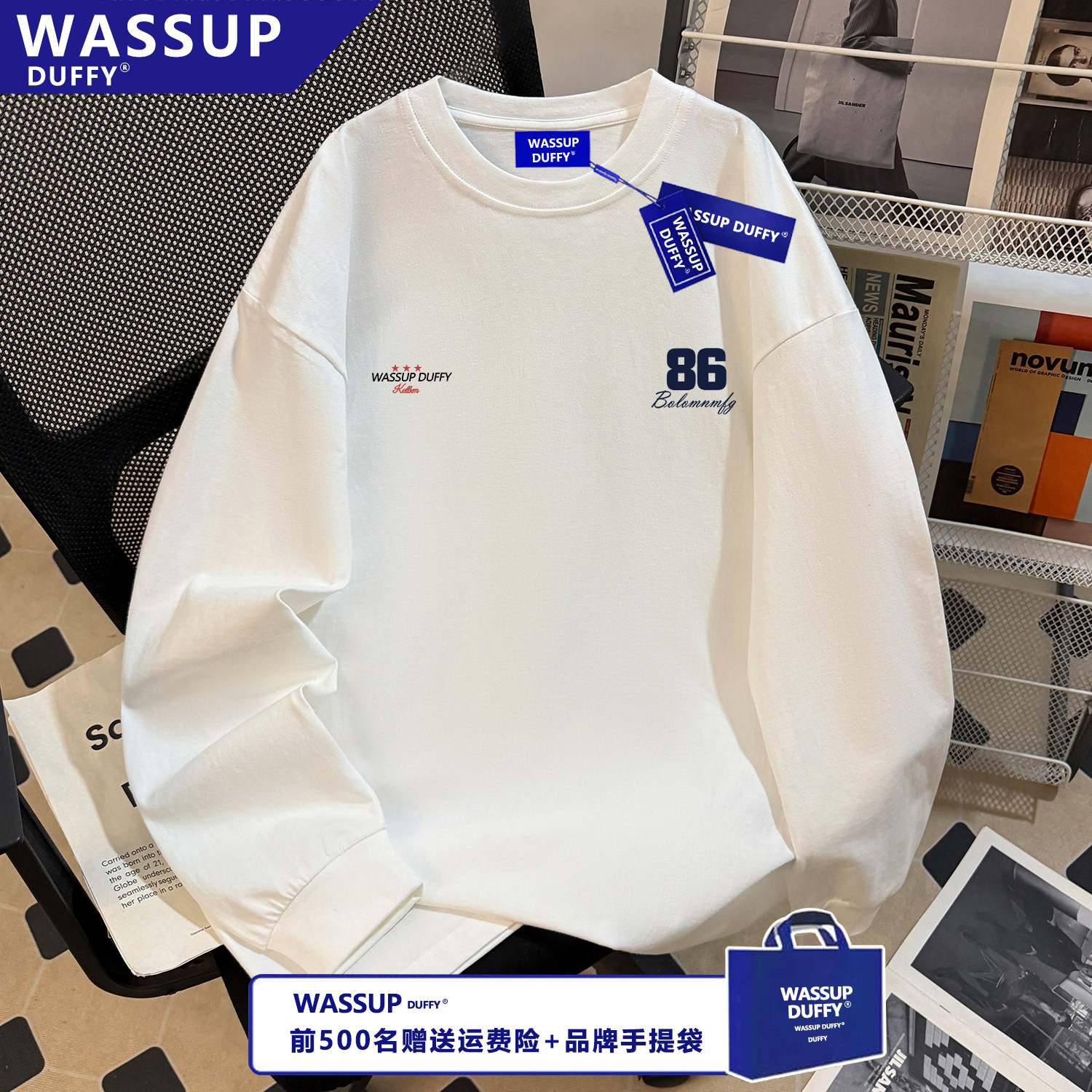 WASSUPT恤ins100%纯棉男女长袖