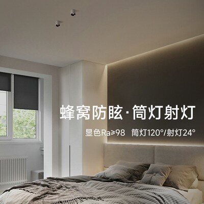 明装筒射灯家用过道吸顶蜂窝防眩圆形卧室免开孔全光谱客厅无主灯