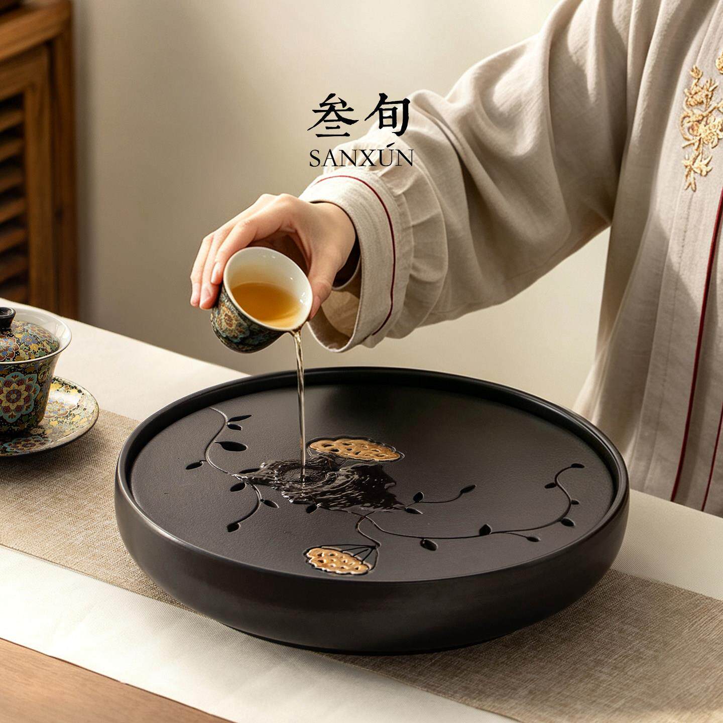叁形旬莲蓬陶瓷茶盘家沥用2026新WJS-003款圆海水茶茶托盘干泡小