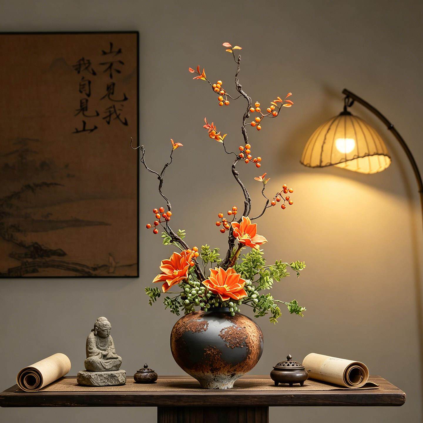 宋美HAT代陶瓷花学瓶入户玄关摆件新中设式禅意干花花束客厅摆插