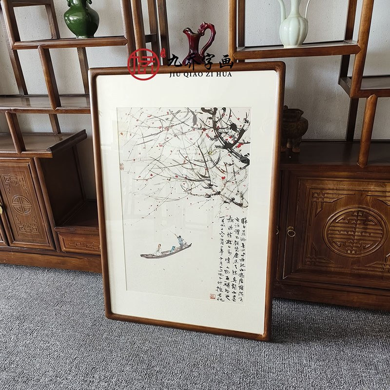 傅抱石秋江放艇图国画新中式客厅玄关装饰画书房茶室走廊过道挂画