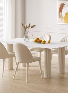 奶油风纯白法岩板餐桌轻DLH奢现靠代式小户型家椅用大长餐桌组合