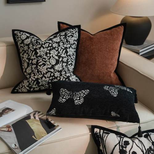Q3现简抱约代Fhqrfgqm法式中古风厅沙发枕黑白轻奢纯色靠垫棕色流