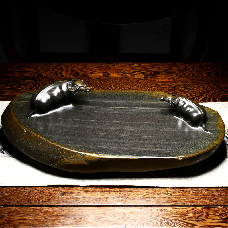 安徽歙砚天然原石老坑砚台龙尾山金皮籽料大尺寸石砚/孺子牛/耕耘