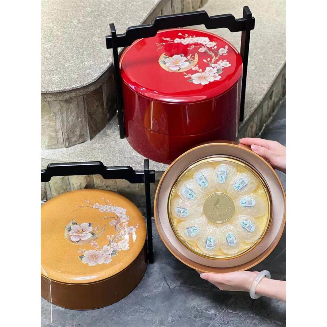 花好月源实木彩绘手篮双层礼盒燕窝冬虫夏草双圆通用包装盒空盒