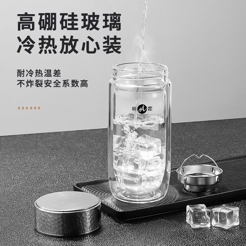 明霞玻璃杯锤纹盖鹅蛋杯加厚双层隔热防烫茶杯办公室家用车载水杯