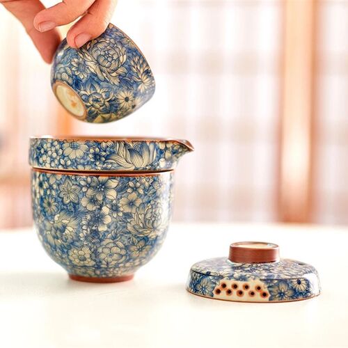 汝窑陶瓷旅行茶具便捷式带包一壶三杯高颜值全套办公室专用泡茶器