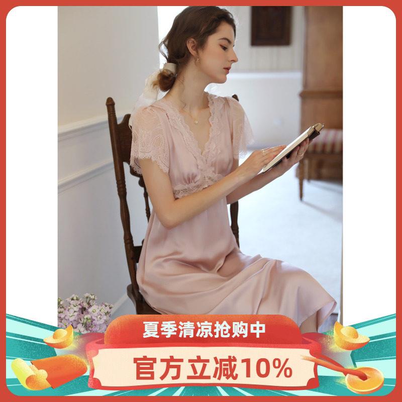 法式冰丝绸睡衣女秋高级感带胸垫睡裙宫廷甜美蕾丝夏季短袖中长裙
