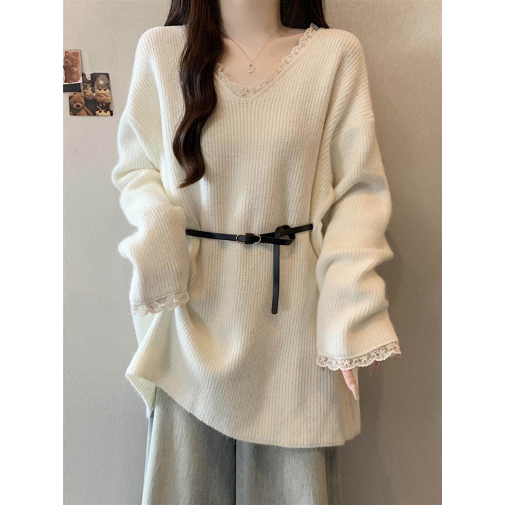 慵懒风V领白色毛衣女秋冬