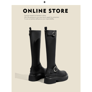 老师傅手工定制真皮厚底长筒靴女粗跟显瘦皮带扣高筒长靴骑士靴子