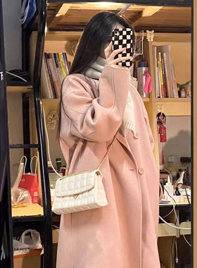 粉色高级感小个子呢子大衣女装2025新款秋冬季斗篷中长款毛呢外套
