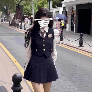 英伦西装jk制服套装女韩系学院风春秋小个子马甲衬衫百褶裙三件套