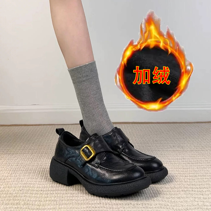 牛皮版~真皮粗跟乐福鞋女英伦复古加绒保暖小个子增高厚底小皮鞋