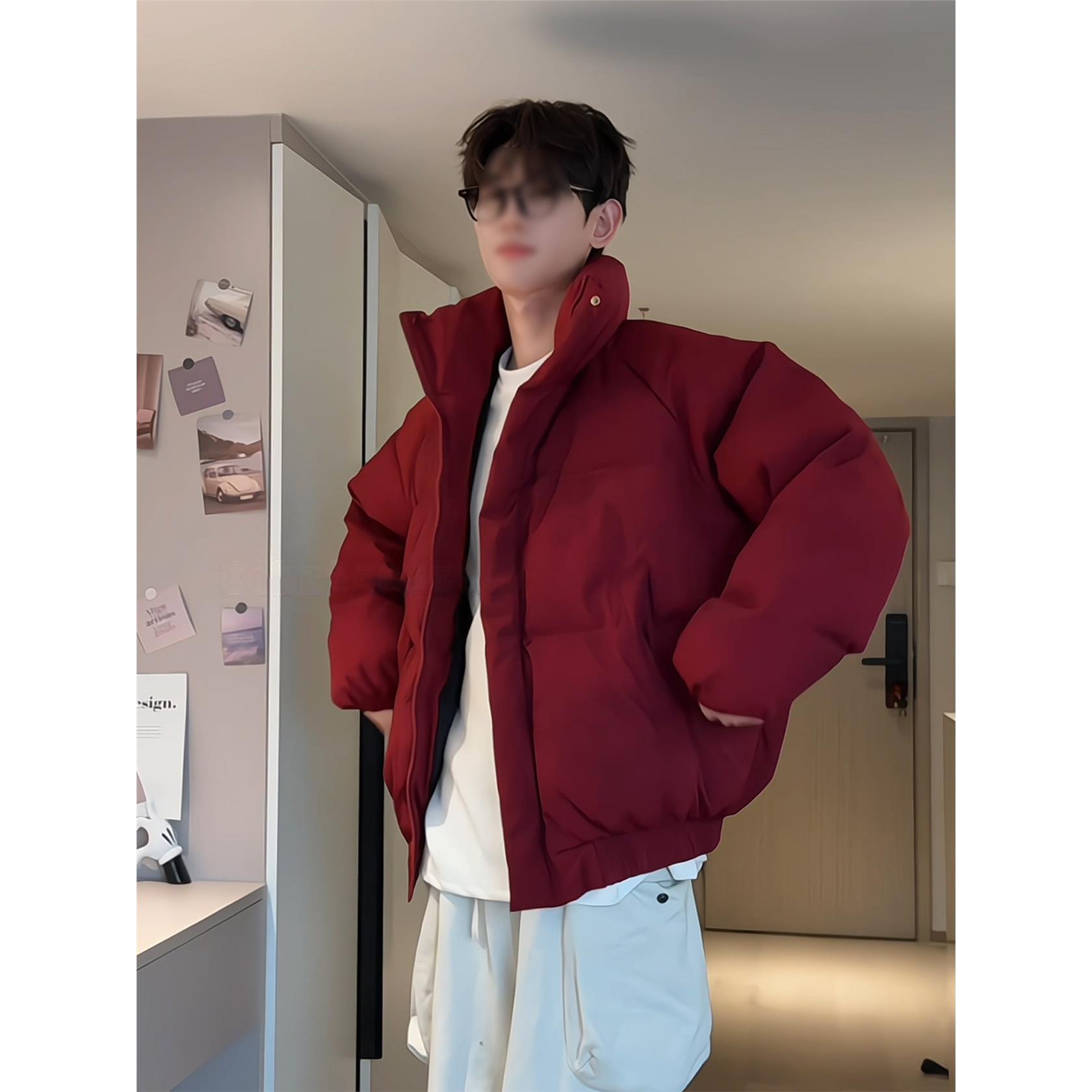 酒红色美式立领羽绒棉服