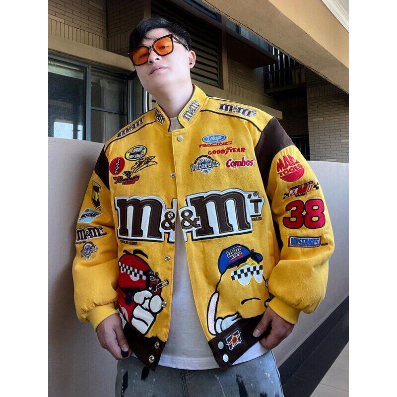 大码300斤美式刺绣赛车机车服夹克男女装春秋季潮牌情侣立领外套2