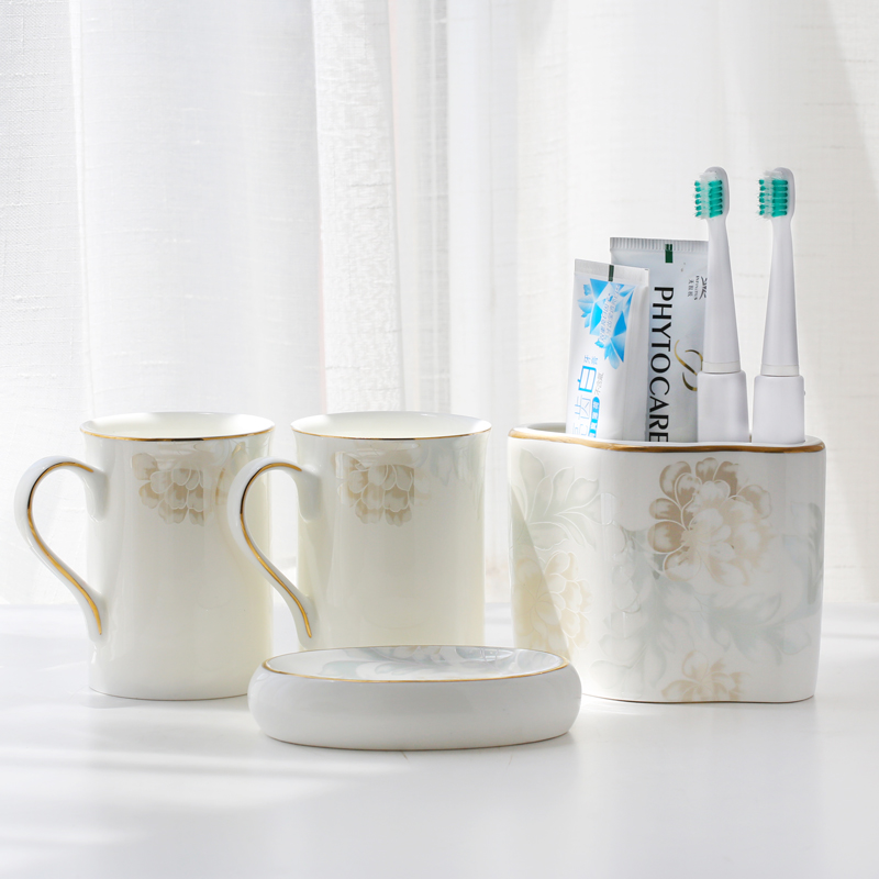 时尚奢华骨瓷牙具卫生间陶瓷漱口杯牙刷架按压洗手液瓶漱口杯散件