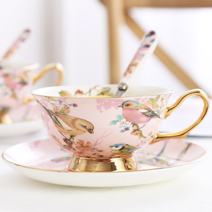 韩尚宅品田园风粉色花鸟欧式咖啡杯下午茶红茶骨瓷咖啡套装礼盒装