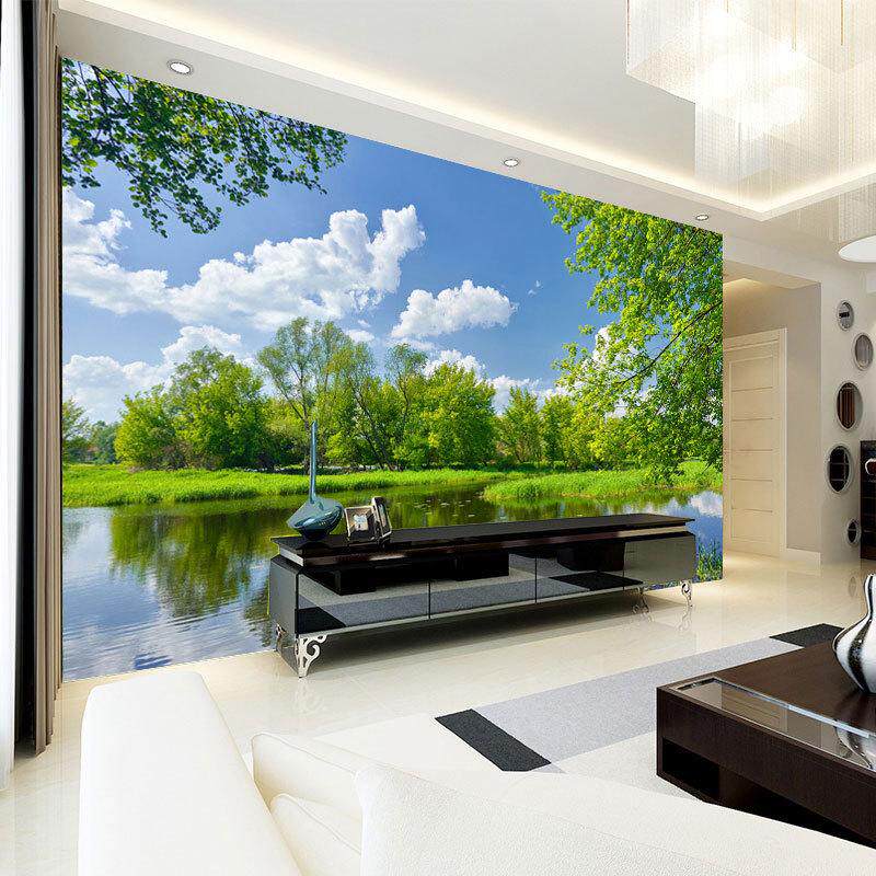 风景壁纸山水田园大自然现代墙纸立体电视壁画简约背景客厅墙布3d