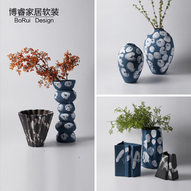 中式侘寂风手工陶瓷花瓶日式风蓝色花器插花样板房间客厅餐桌摆件