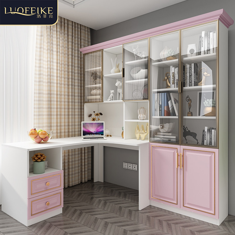 儿童实木转角书桌书柜组合女孩家用卧室书架一体电脑写字台学习桌