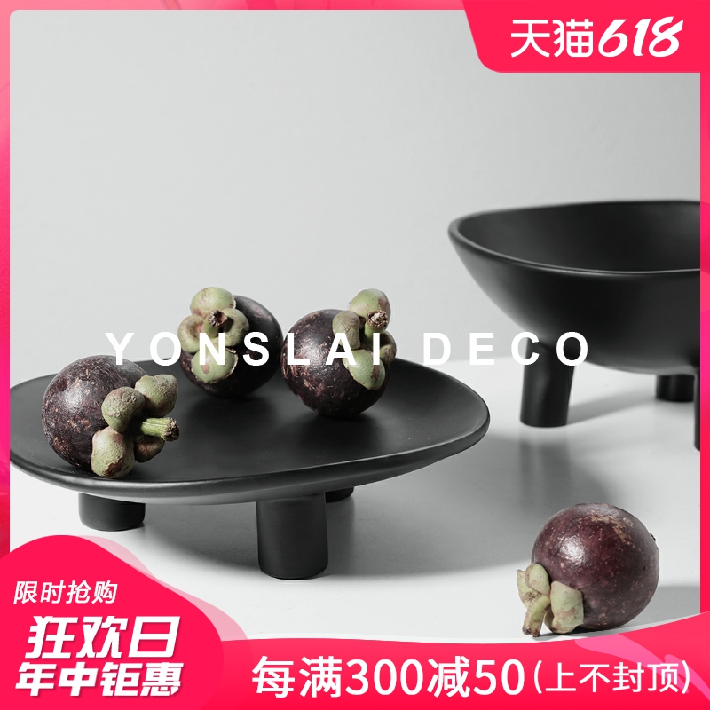 现代简约黑色树脂高脚果盘摆件家用客厅茶几水果盘样板间软装饰品