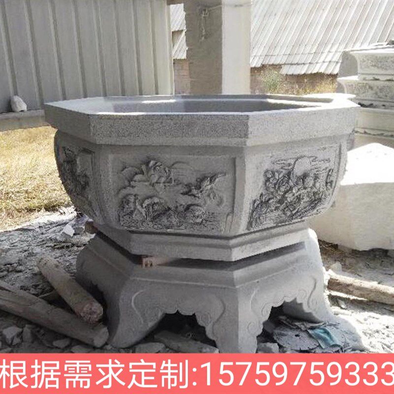 景观石雕水缸花盆石材鱼缸芝麻白园林寺庙庭院宗祠花岗岩花钵定制
