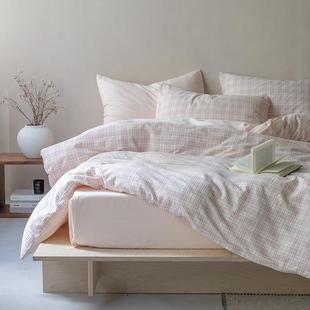 日系民宿风a类全棉色织四件套复古简约纯色泡泡棉被套人字纹床品