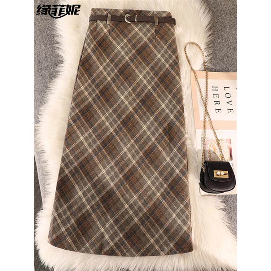 美拉德咖色格子毛呢半身