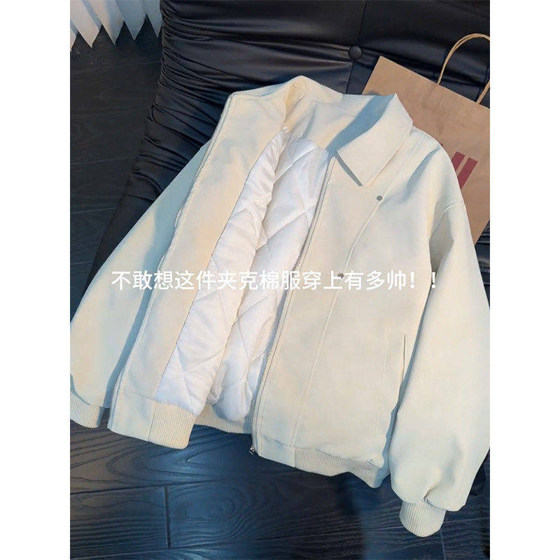 米白色铆钉PU皮飞行夹克棉服男冬季加厚保暖棉衣高级感棒球服外套