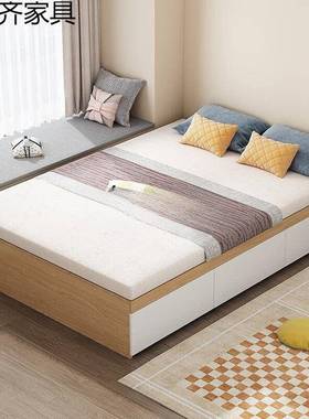 实床现木简约双人床无床人头床储物床地台BDN榻榻米代单床柜一体