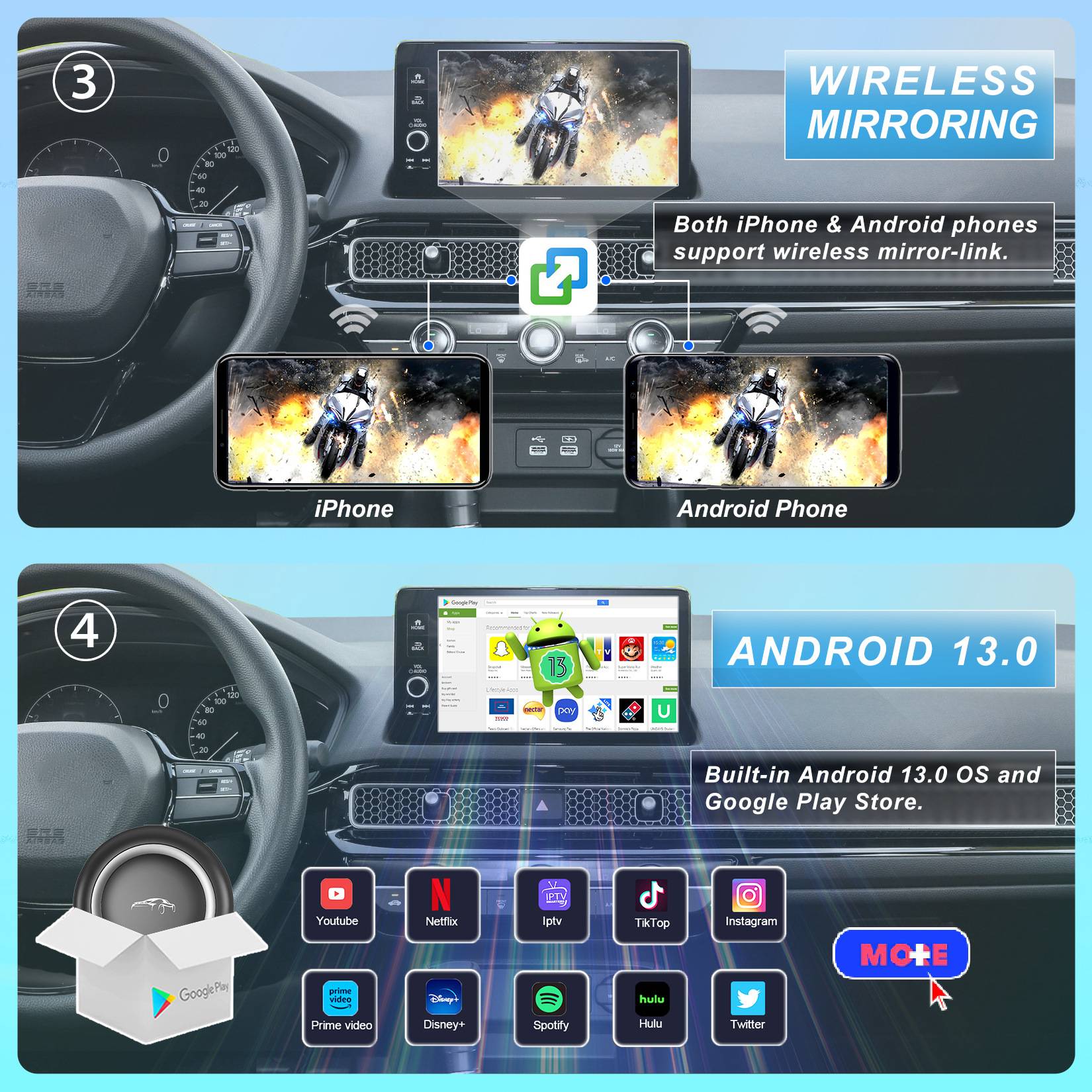 有线转无线CarPlay盒子+安卓13系统高通八核车载视频盒8GB+128GB