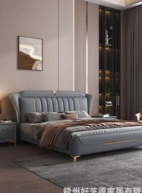 意式风极简大皮床轻奢现代主卧07408高大气双人1.米床端简约软包