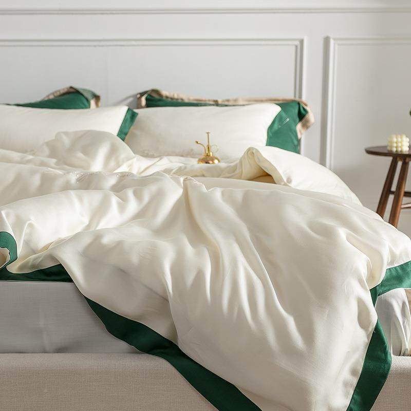 天美式色刺绣60支丝床上四件套夏季套纯白色冰丝床单EIQ真丝纯被