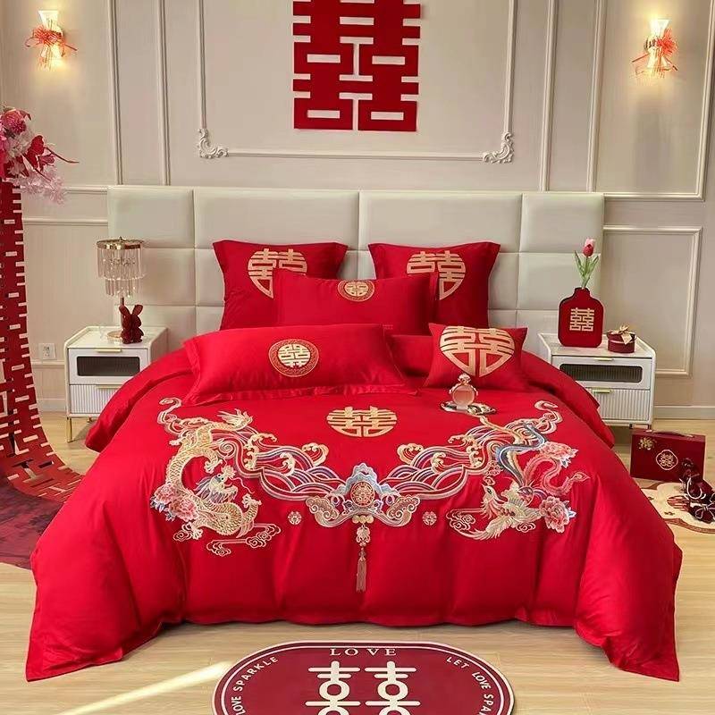 高档中式龙凤刺绣结婚四件套大红色床单被套纯棉喜被