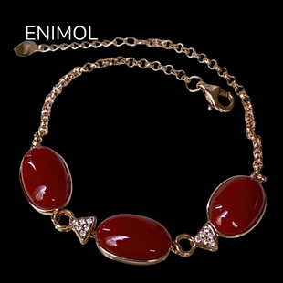 ENIMOL日本aka阿卡红珊瑚深牛血色三颗蛋面18k金钻石镶嵌女手链