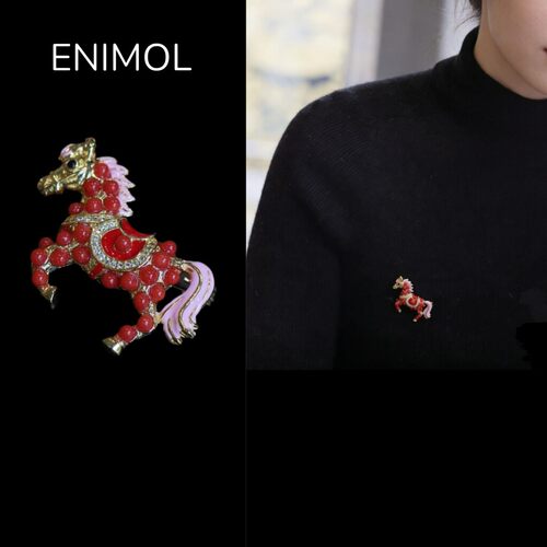 ENIMOL意大利珊瑚珐琅马胸针