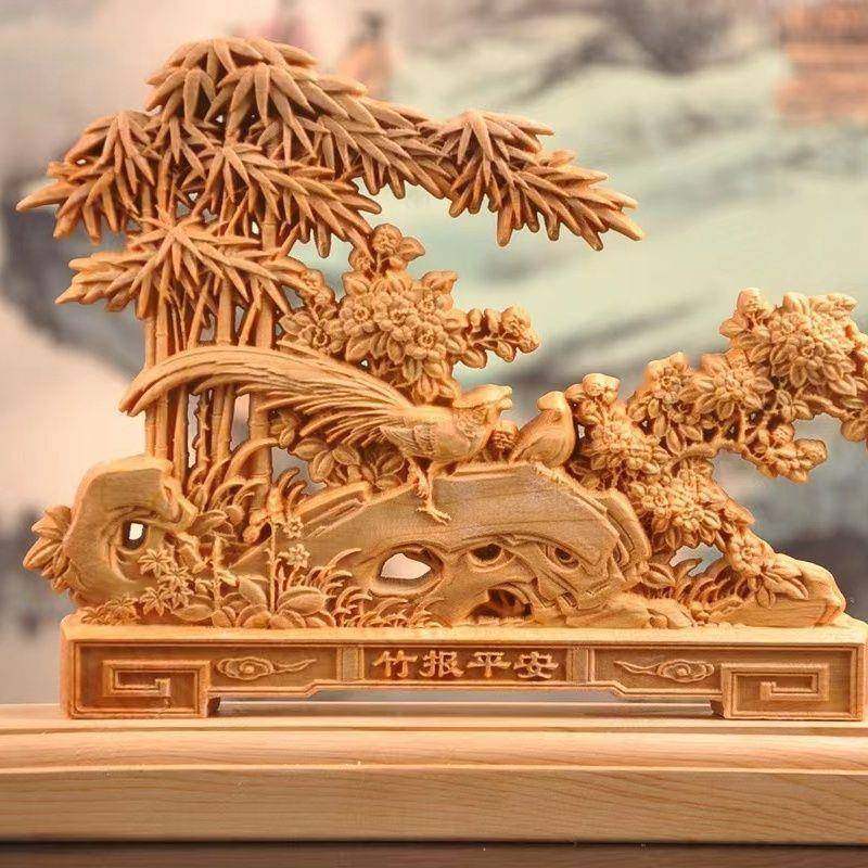 太行崖柏木雕竹报平安摆件家居客厅玄关装饰实心根雕工艺品风化料