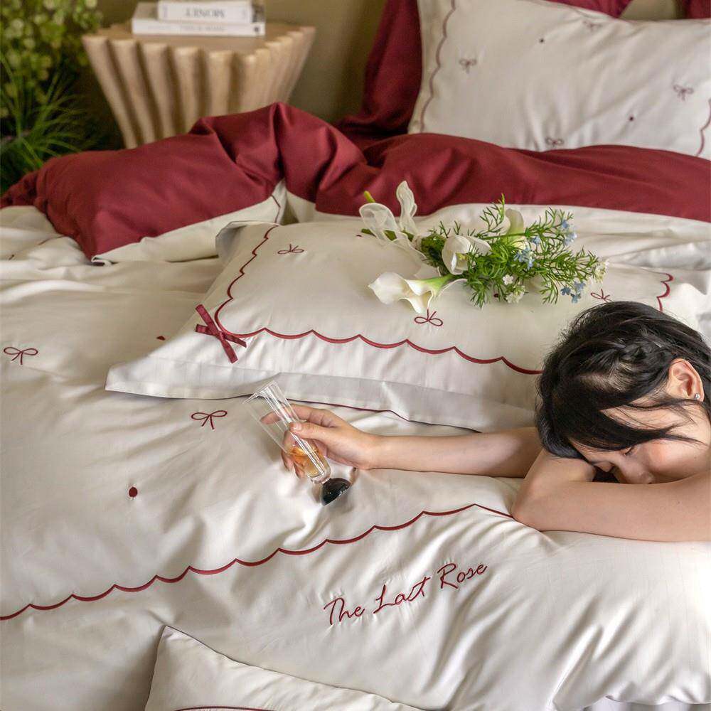 婚庆可爱公主风全棉银线提花四件套蝴蝶结绣花被套床单结婚床品