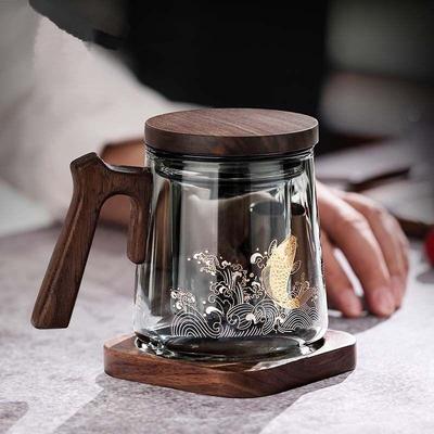 高硼硅玻璃茶杯个人专用茶水分离男士款绿茶高端木柄带把手带盖