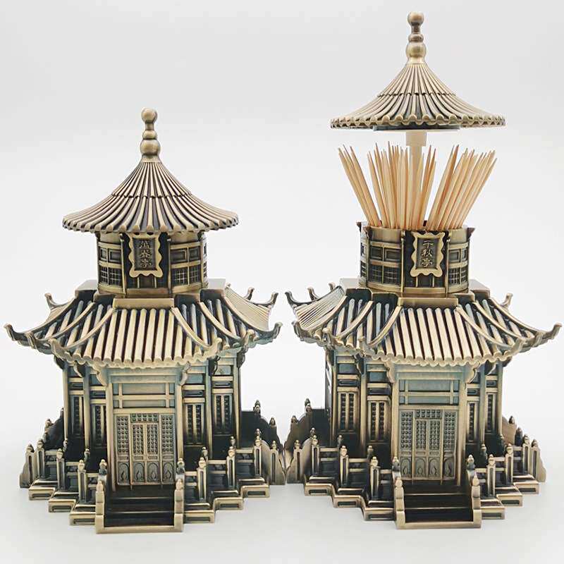 现货 牙签盒中式古代建筑创意复古自动按压客厅餐桌酒店牙签筒