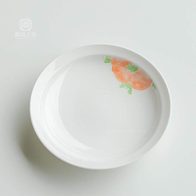 手绘粉桃壶承釉下彩白瓷盖碗底托茶道配件家用陶瓷水果盘茶点盘