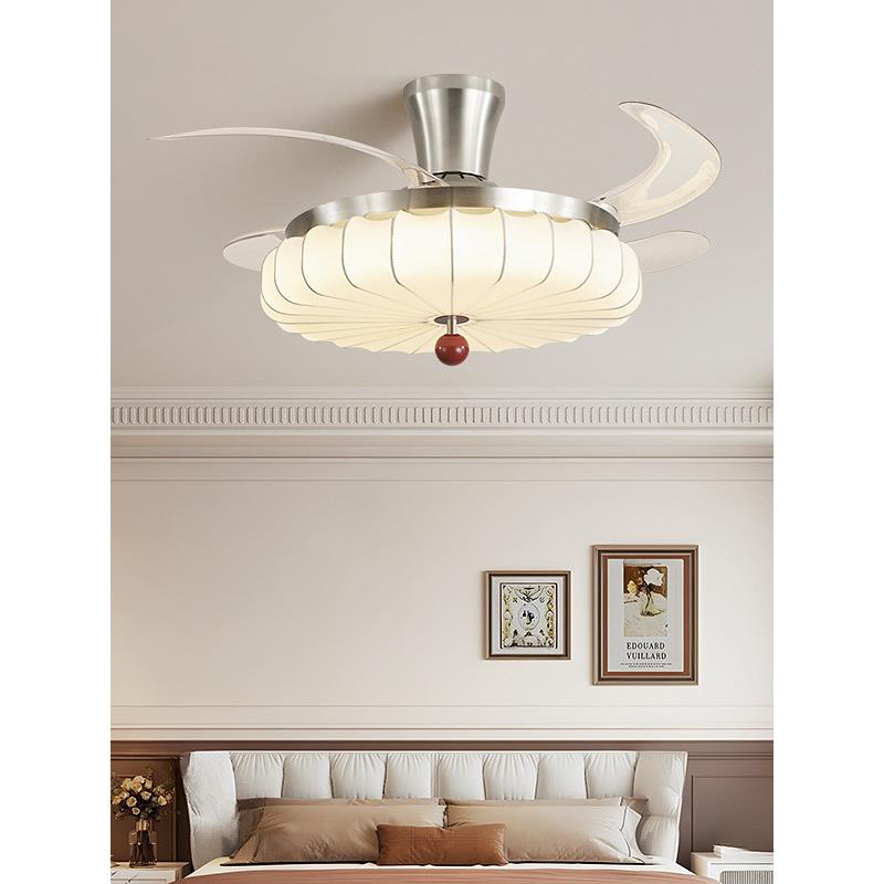 中古隐形风扇灯一体餐厅吊扇灯卧室奶油风灯家用铁艺轻奢静音吊灯
