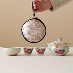 草木灰快客杯陶瓷旅行茶具一壶三杯金玉满堂便携式户外泡茶壶套装