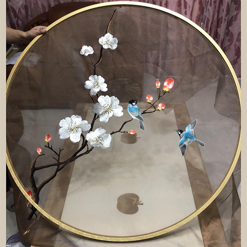 现货苏绣双面机器刺绣半透明纱布屏风玄关隔断画心芯圆框装修设计